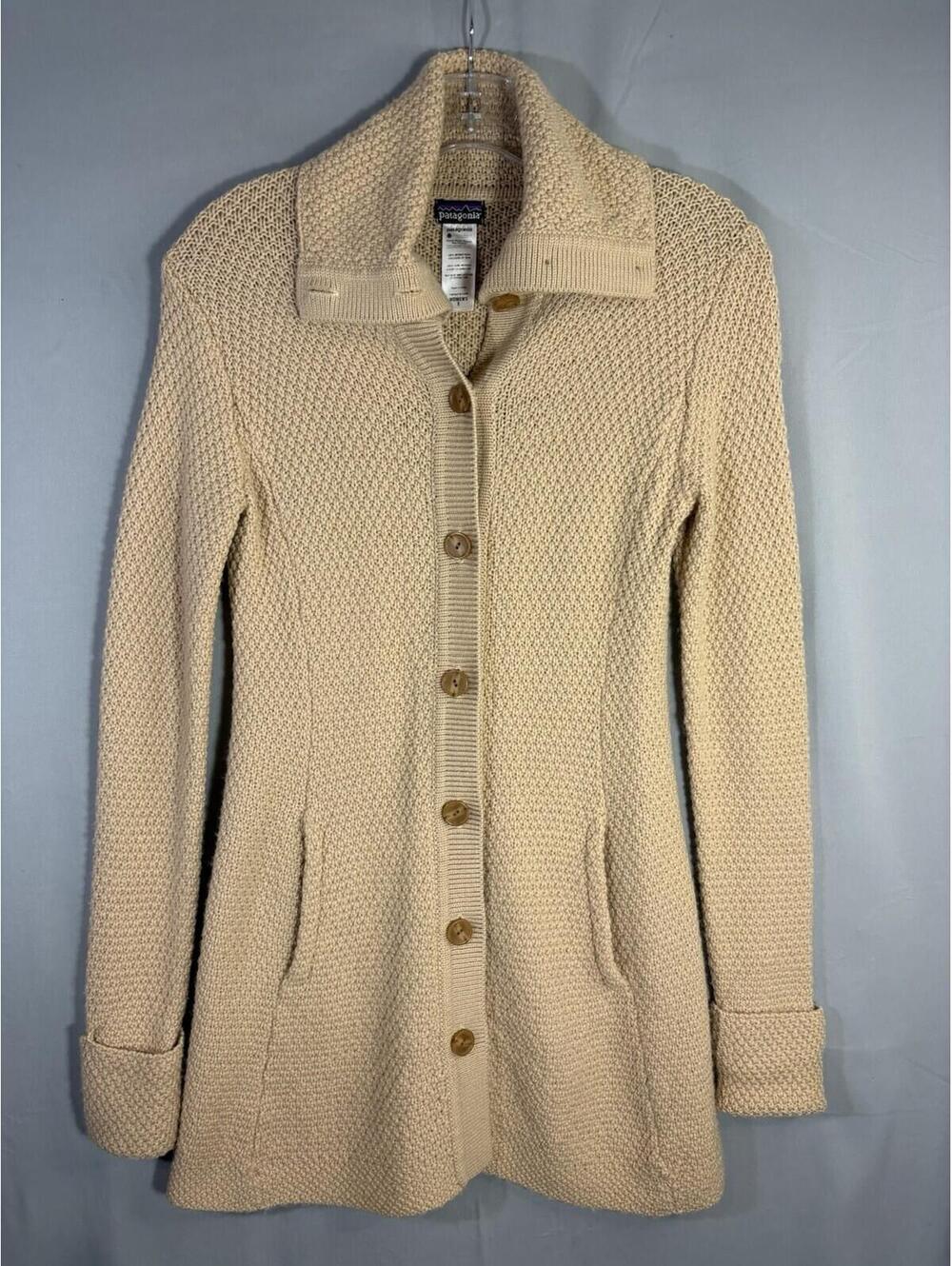 Patagonia Merino Wool Cardigan Sweater Coat Shawl Collar Button Womens S Beige - Picture 3 of 9